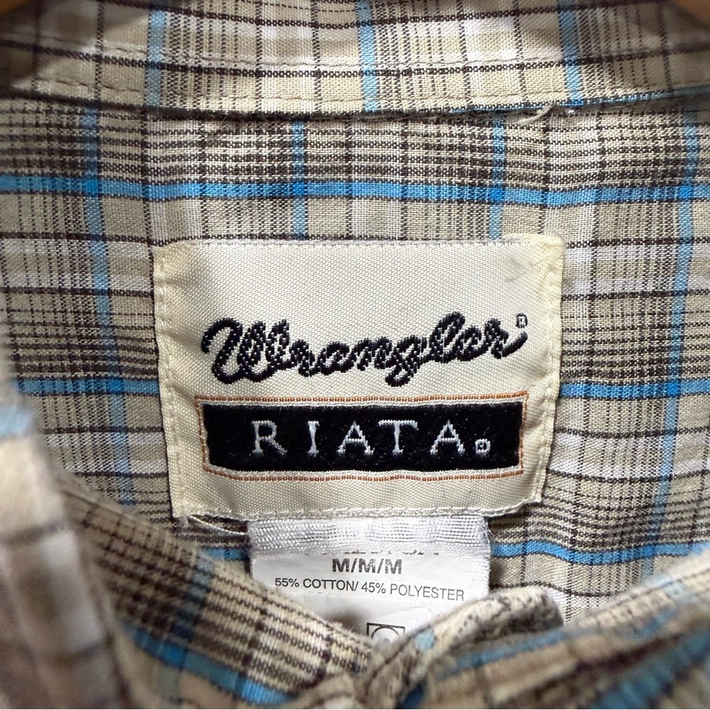 Wrangler Riata Plaid Button Down Shirt Tan Blue Size Medium - Picture 2 of 7